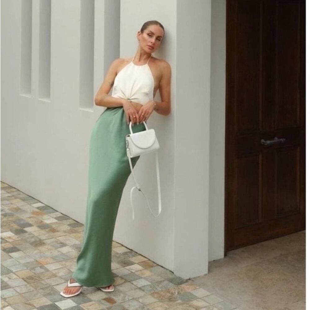 NWT Bec + Bridge Carrie Halter Satin Cut Out Cream Green Maxi Dress US 10